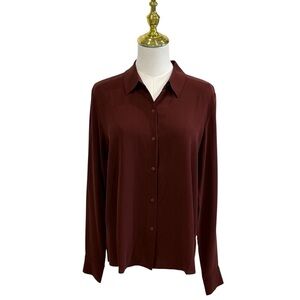 Eileen Fisher XXS Redwood Silk Classic Collar Long Sleeve Blouse Shirt $278 NWT